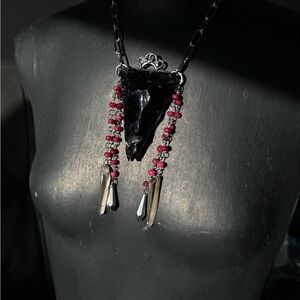 Obsidian and Ruby Pendant Necklace beaded chain with Smokey Quartz points ooak